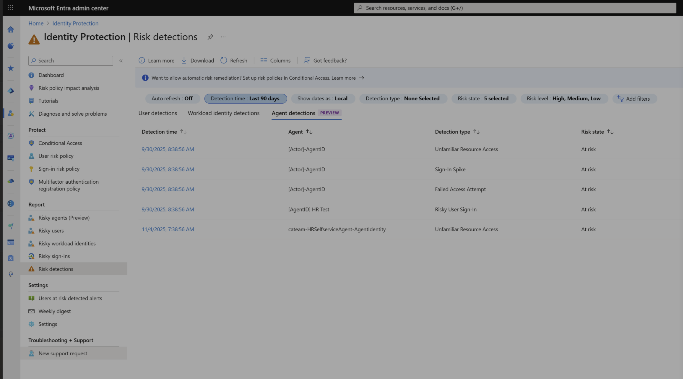 Identity Protection flagging risky agent behavior in Microsoft Entra