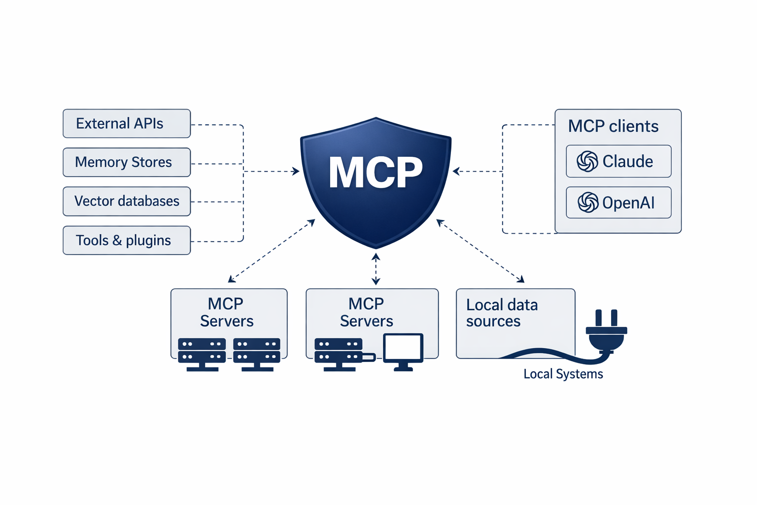 Model Context Protocol architecture diagram showing MCP clients, the MCP interface, and MCP servers connecting to external APIs, memory stores, vector databases, and tools