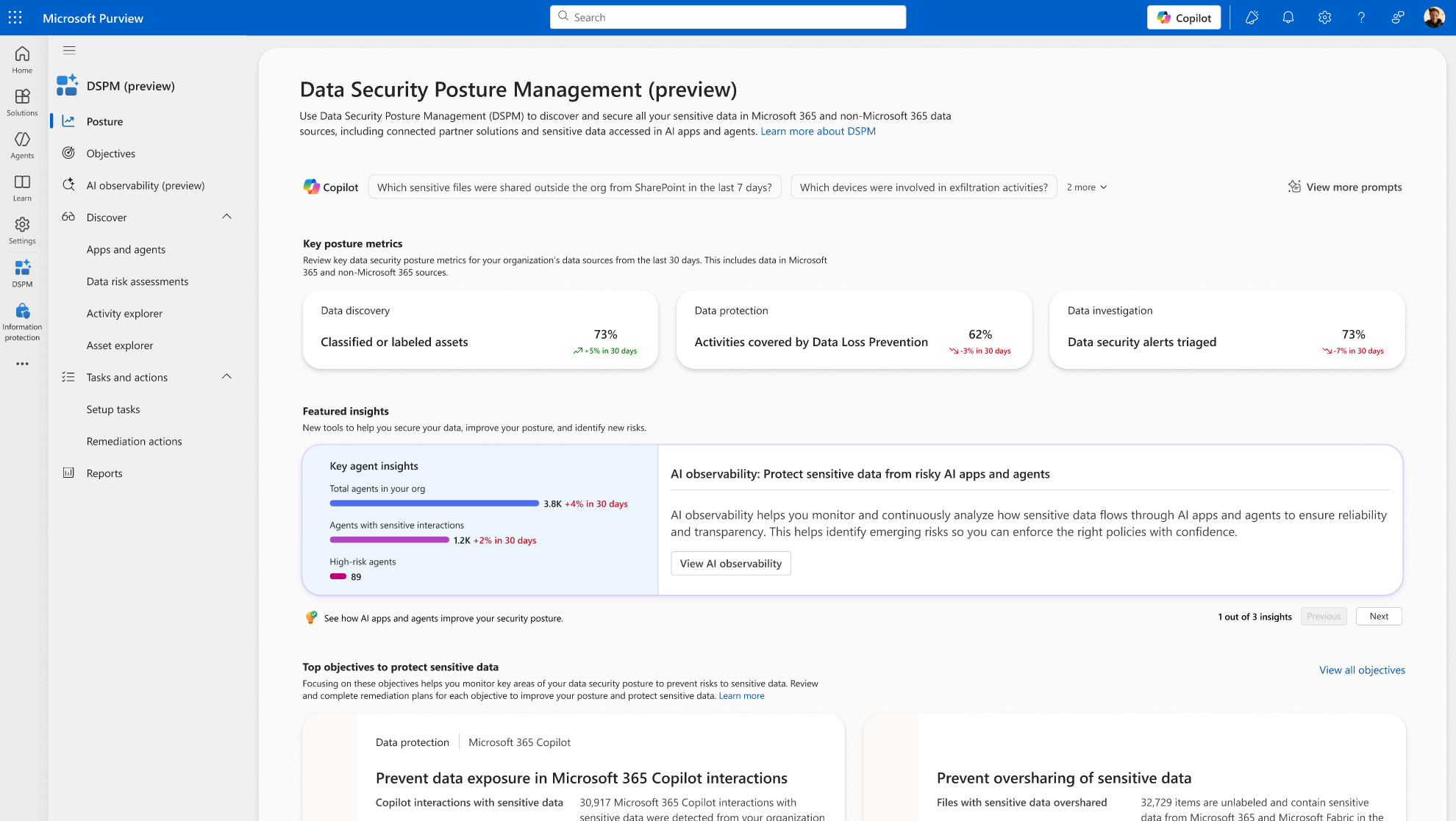 Microsoft Purview Data Security Posture Management dashboard for AI agents